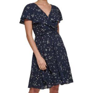 DKNY Navy Flowered Flutter-Sleeve Dress in Size 8